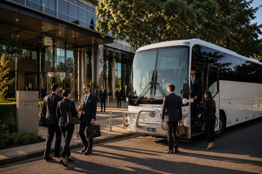 Professionals boarding an Eagles Elite corporate coach